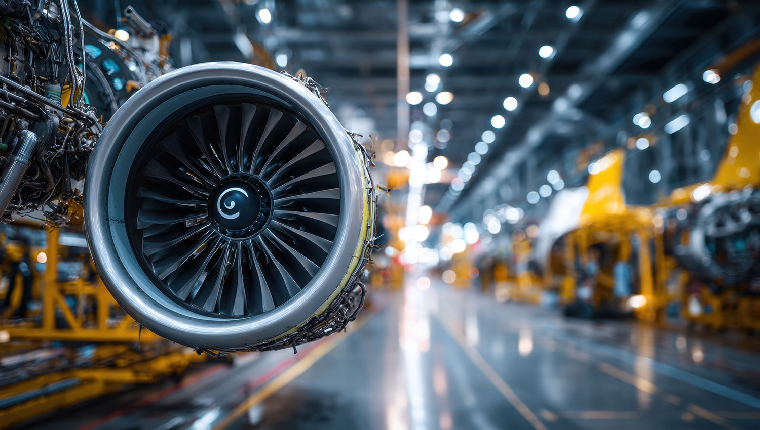 Jet engine turbine suspended on an assembly line inside an aircraft manufacturing plant.