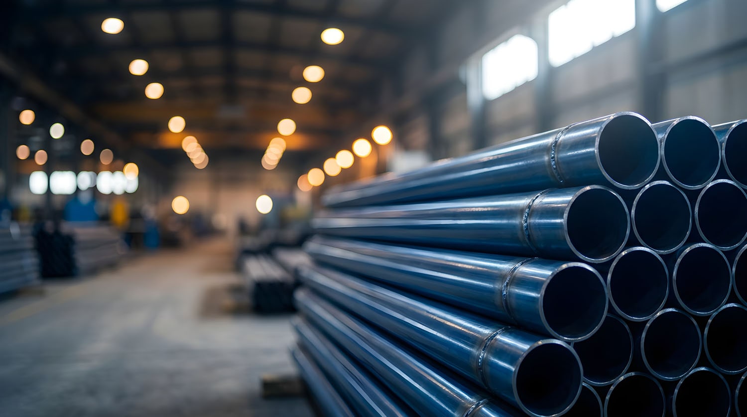 Stacks of steel pipes stored inside a warehouse or fabrication plant.